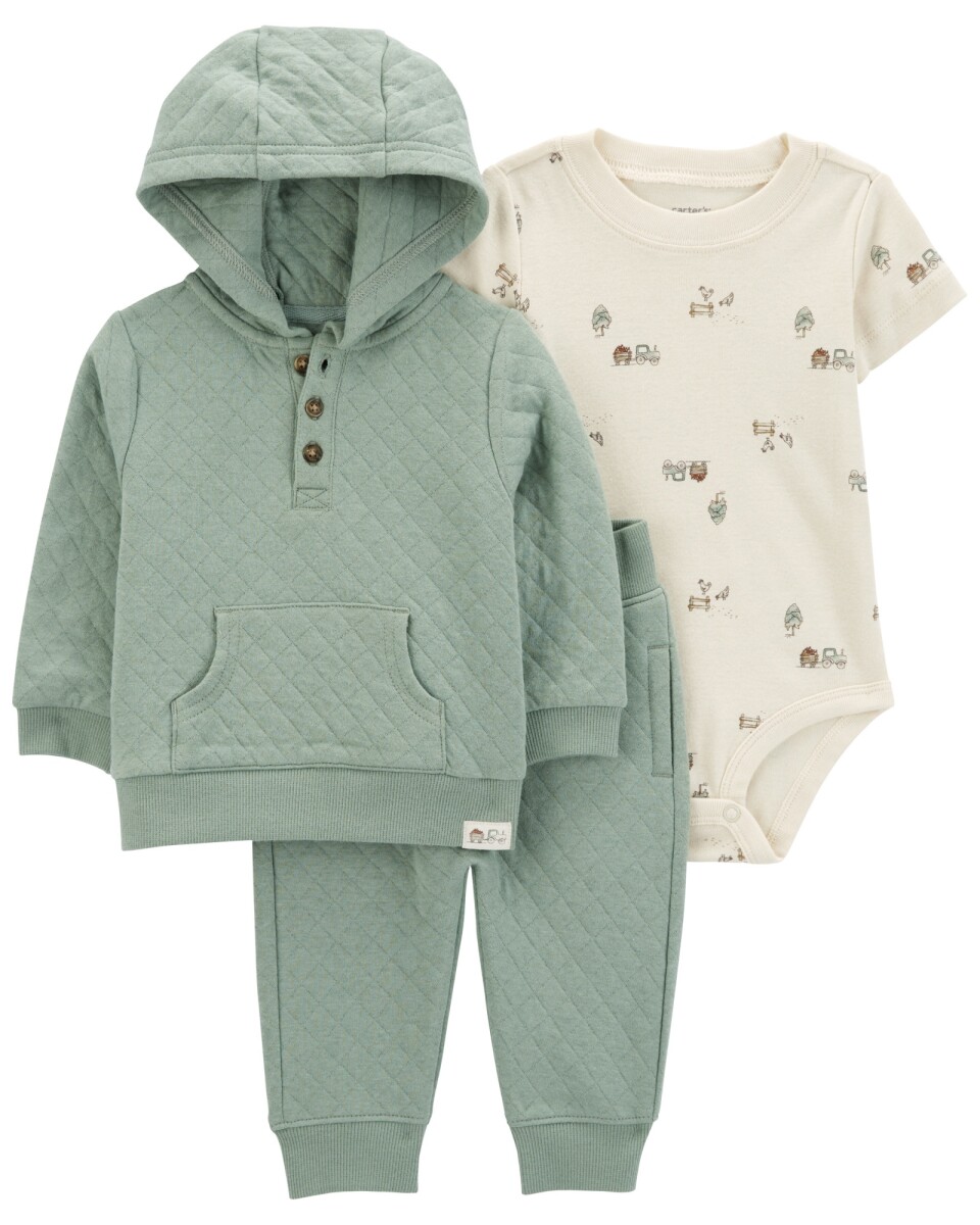 Set tres piezas de algodón, pantalón y canguro con capucha capitoneados, más body 