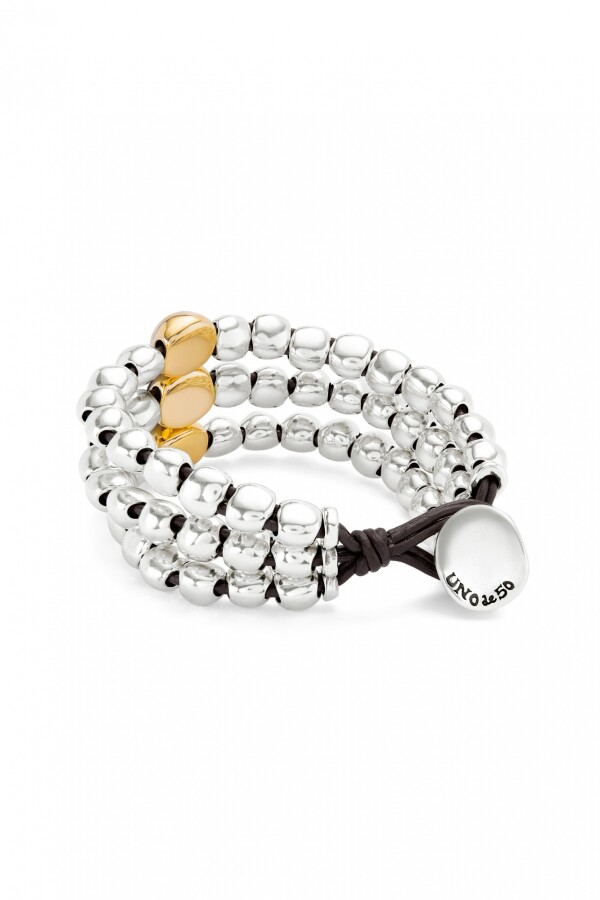 PULSERA DE TRES TIRAS DE CUENTAS DE ALEACIÓN DE METALES BAÑADAS EN PLATA DE LEY Y BOLA EN ORO 18K Pulsera