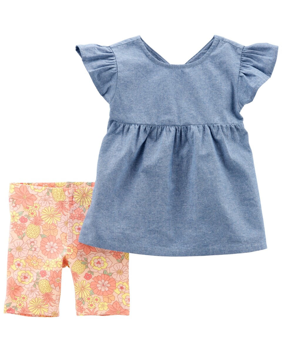 Set dos piezas, short ciclista de algodón y blusa de chambray 
