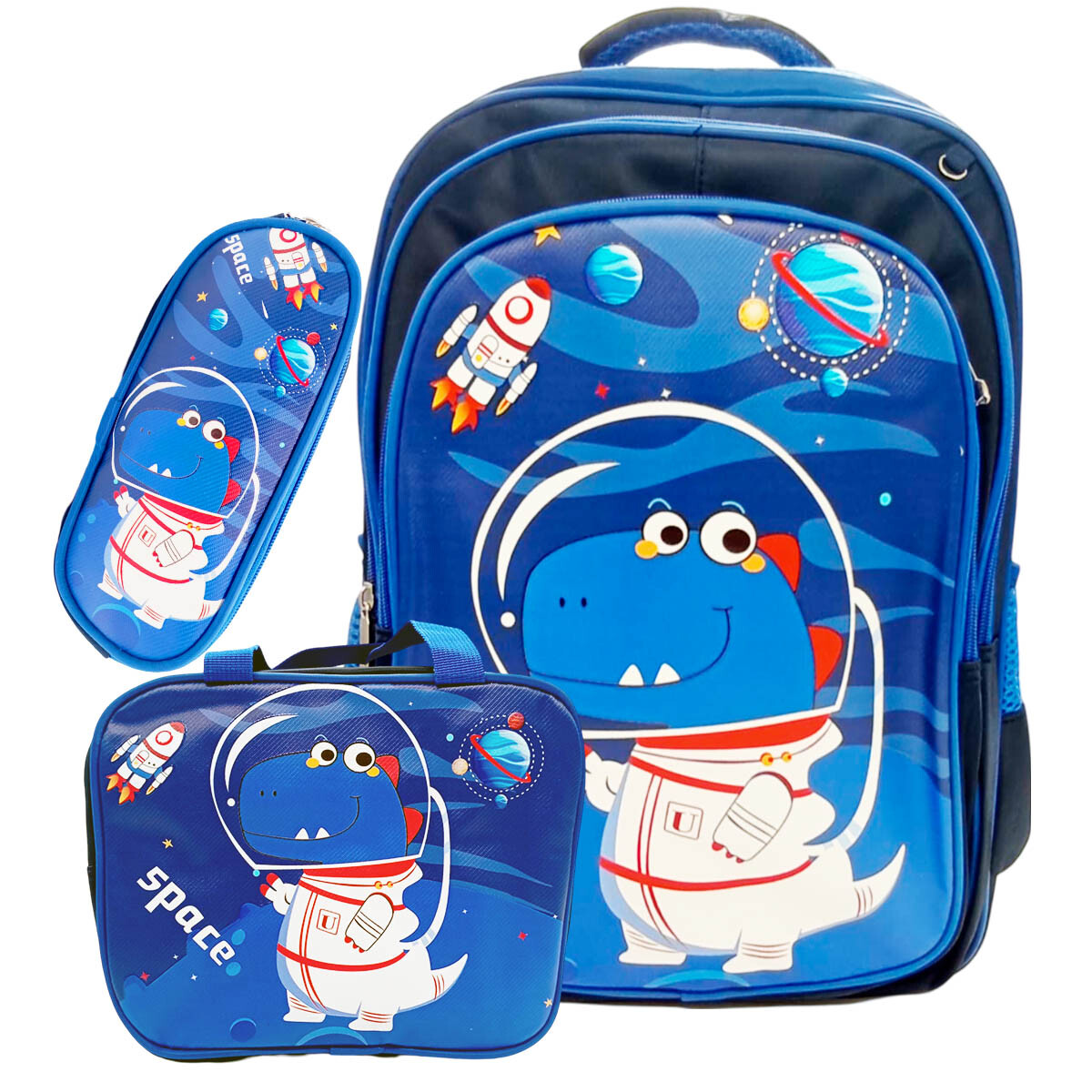 Mochila Escolar 3en1 Lunchera + Cartuchera Infantil - Dino 