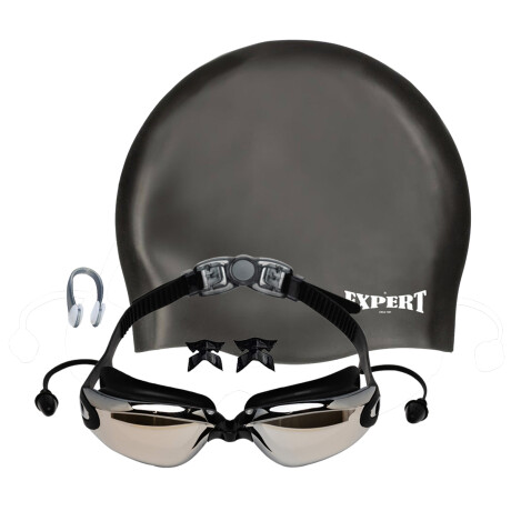 Set Natación Gorra Silicona+ Lente+ Tapones Niño Adul Negro / Adultos