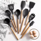 Kit Set Utensilios Para Cocina Madera Y Goma Negro