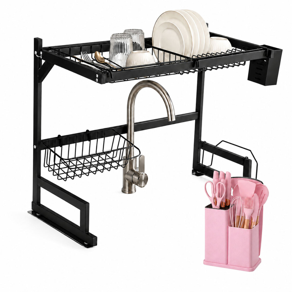 Set Utensilios Cocina 19Pz + Escurridor Ac.Inox Sobre Mesada - Rosa 