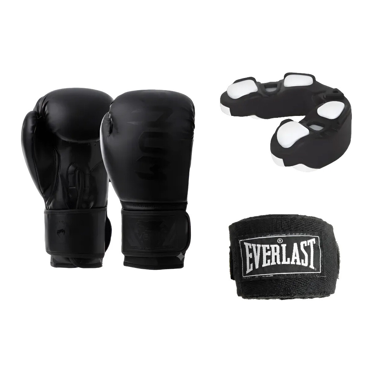 KIT DE BOXEO 3 PIEZAS BUCAL + VENDA + GUANTES 12 OZ NEGRO 