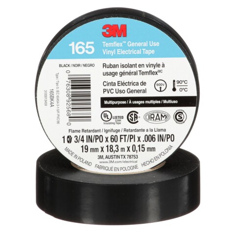 CINTA AISLADORA TEMFLEX 165 19MM X 18M X 0,15MM 90° NEGRO 3M CINTA AISLADORA TEMFLEX 165 19MM X 18M X 0,15MM 90° NEGRO 3M