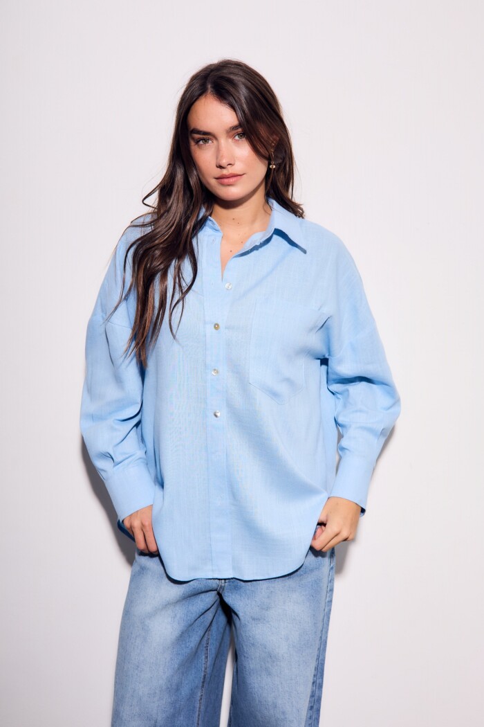 Camisa Con Lino Celeste