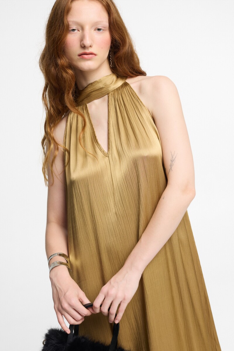 VESTIDO LARGO CUELLO HALTER Camel