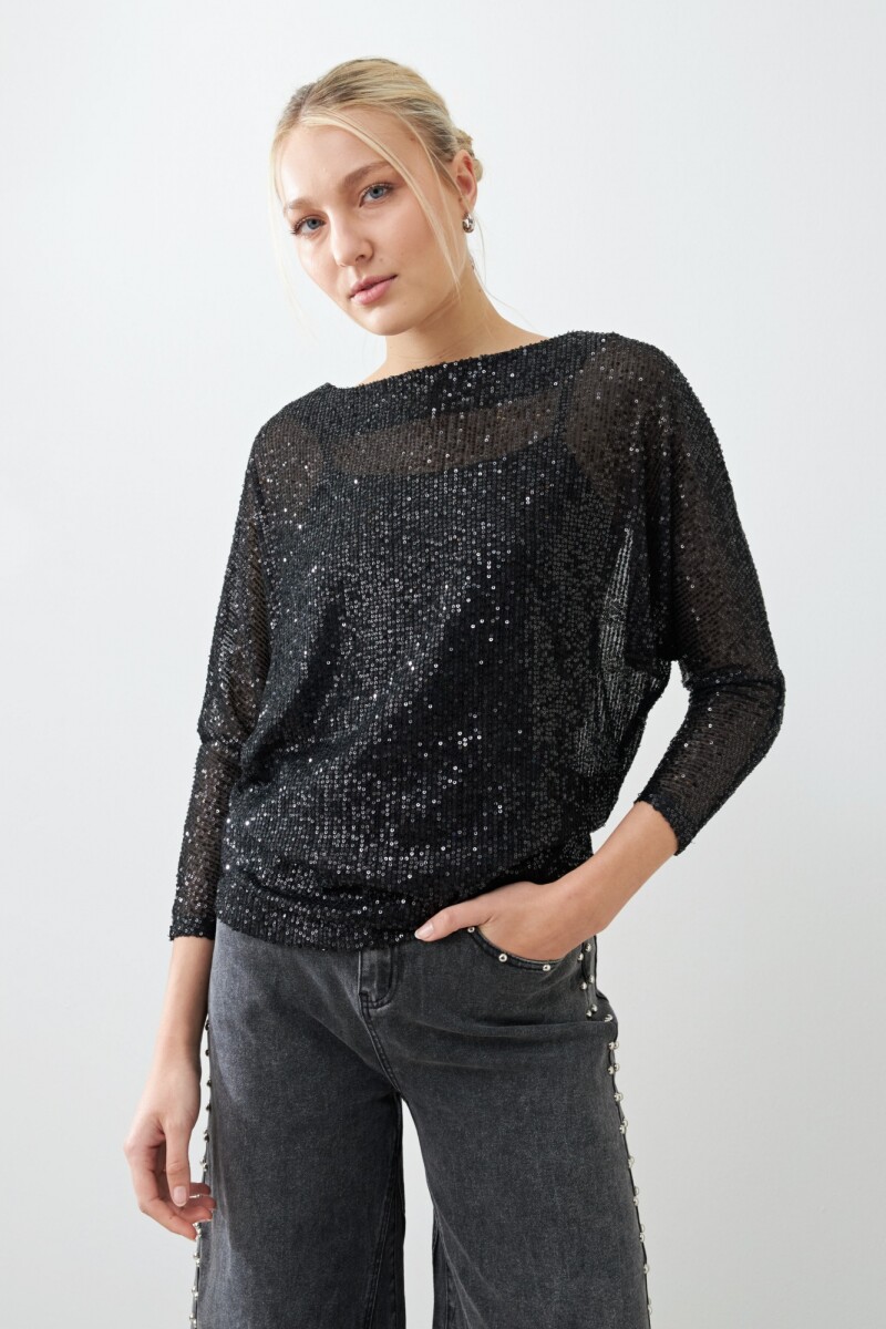 Blusa lentejuelas manga dollman negro