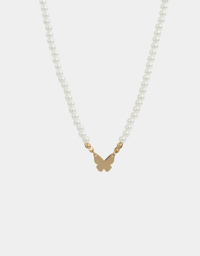 Collares Cortos Mariposa Choker De Perlas - Dorado
