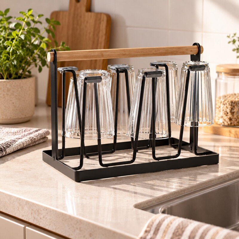 Escurre Vasos Metal Mango Madera Negro