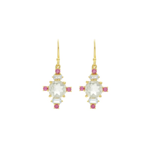 Caravanas Sabrina-Plata rodinada con micra de oro 18k- Piedra prasiolita, topacio y rubí-CA2031 conpiedra