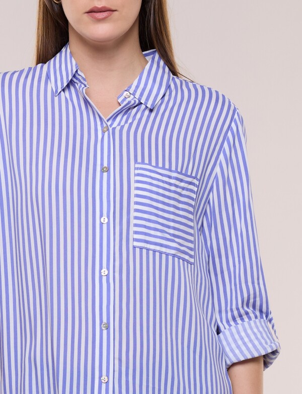 Camisa Clásica Rayada Con Mangas Arremangables AZUL