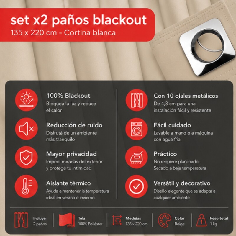 Cortina 100% Blackout set 2 paños 135 x 220 BEIGE