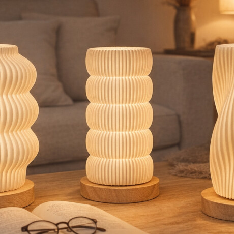 Lámpara veladora Anillos con base en madera - 12x22cm Blanco