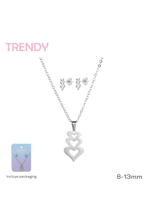 Set collar y caravanas tres corazones Plateado
