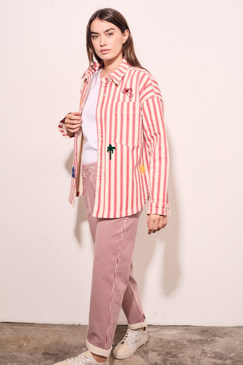 Sobrecamisa Rayas Y Bordado Rojo