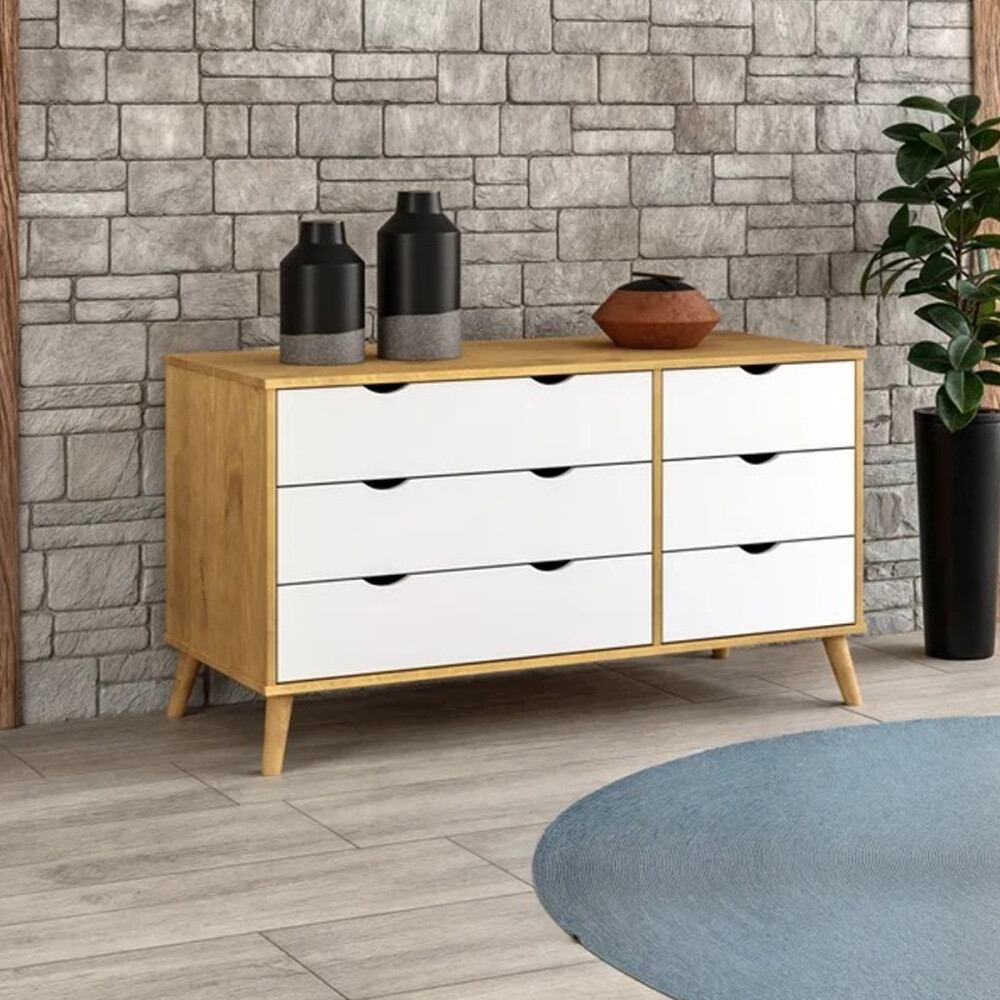 Cómoda Cajonera en madera maciza, con patas - 6 cajones BLANCO