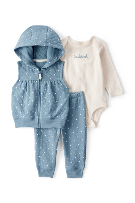 Set tres piezas de algodón, chaleco y pantalón capitoneados más body Set tres piezas de algodón, chaleco y pantalón capitoneados más body