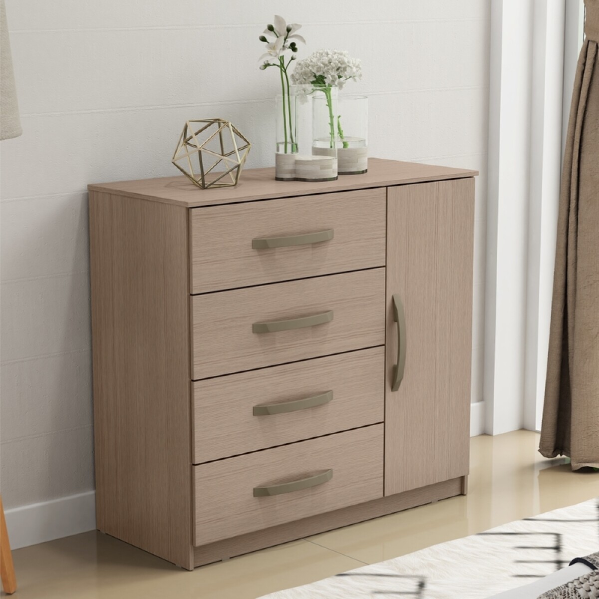 Cómoda Cajonera para Dormitorio de 4 Cajones y 1 Puerta en MDP - Noce 