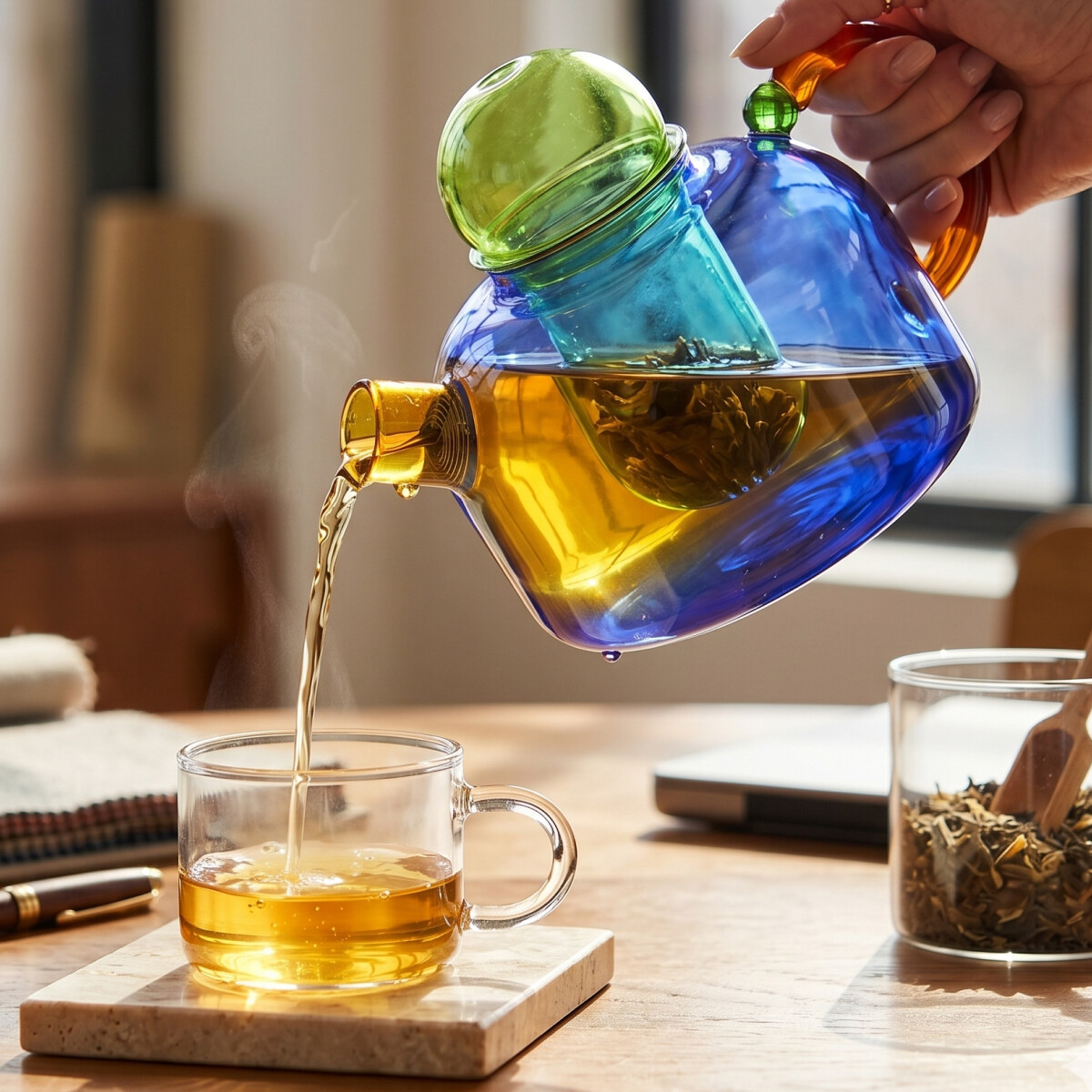 Tetera con infusor de vidrio borosilicato contraste de colores - 600ml - Azul 