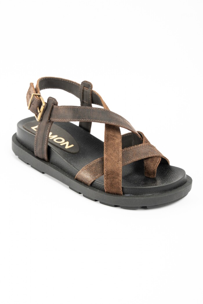 Sandalias De Cuero Tiras Cruzadas Chocolate