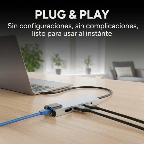 Adaptador Hub Tipo C 5 en 1 Ethernet HDMI 4K 2 USB 3.0 Mac Color Gris