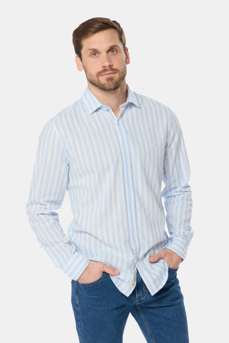 CAMISA RAYADA DE LINO - Celeste 