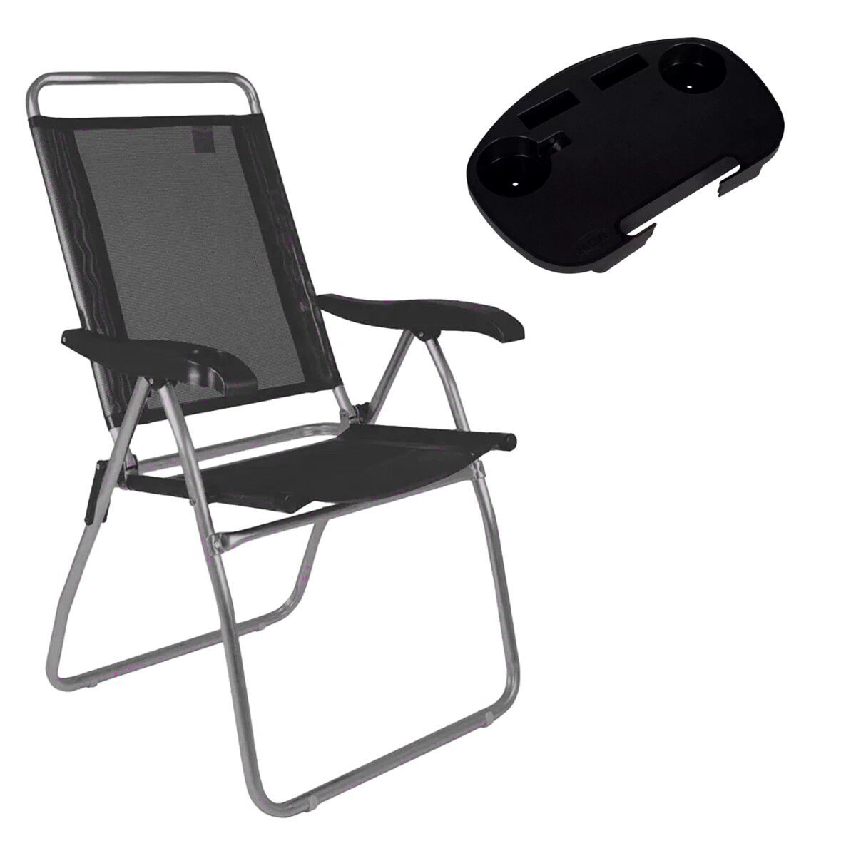 Set Silla Playa Pleg 4Pos + Mesa Bandeja Lateral Divisiones - Negro 