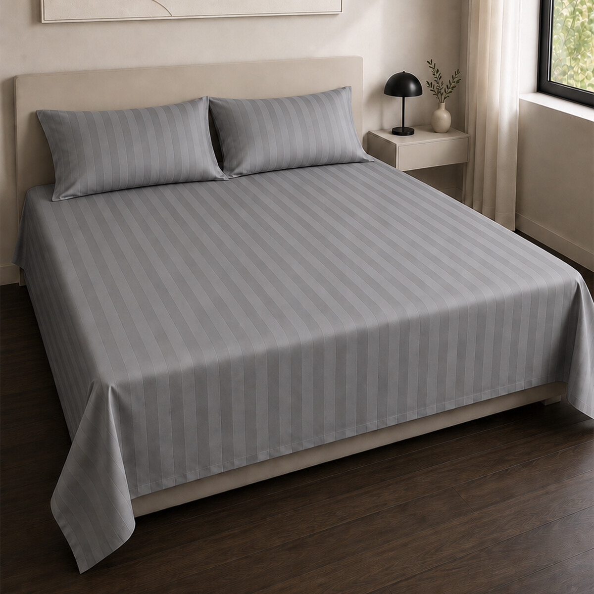 Juego de sábanas KING de tela a rayas Premium 400 hilos - Gris 