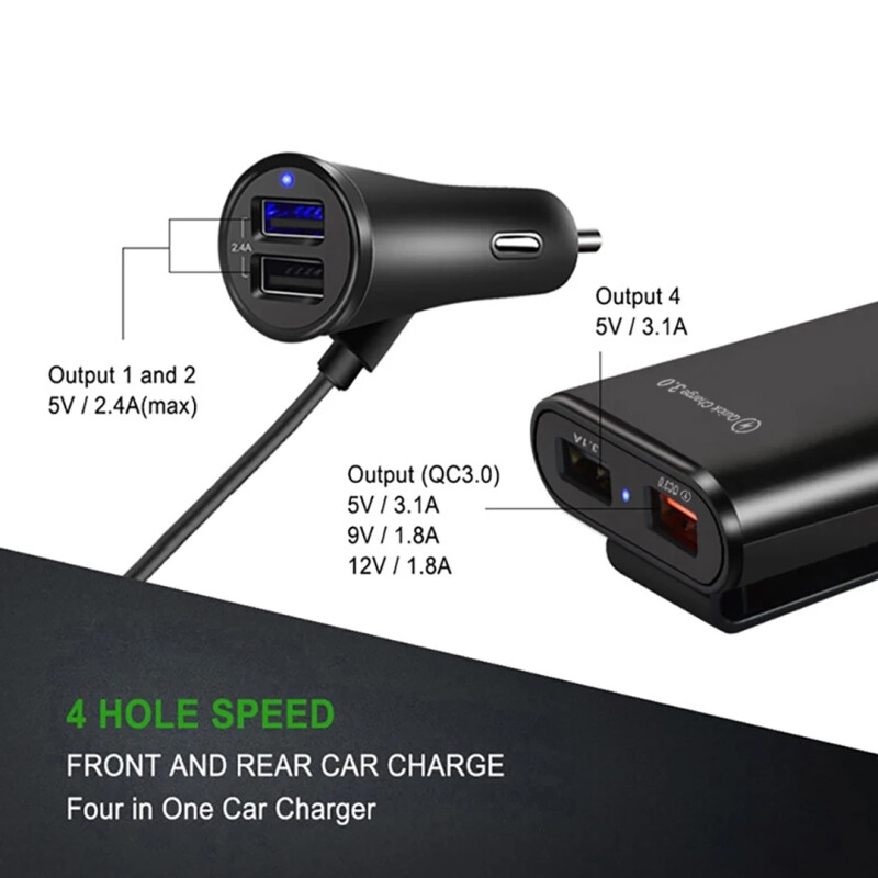 Cargador para Auto 4 Puertos USB A 36W QC 3.0 de 8 AMP Para Asientos Traseros Cargador para Auto 4 Puertos USB A 36W QC 3.0 de 8 AMP Para Asientos Traseros