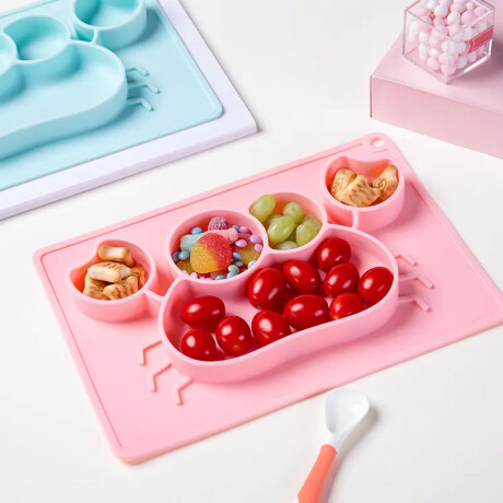 Set Comida Bebé Silicona Plato Divisiones + Cuchara Tenedor Rosa/rosa