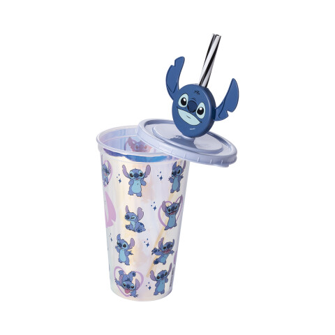Vaso Plástico Milk Shake con Pin y Pajita Stitch 500 ml CELESTE