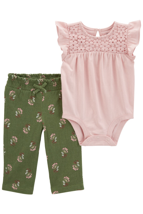 Set dos piezas de algodón, pantalón y body con canesú en broderie Sin color