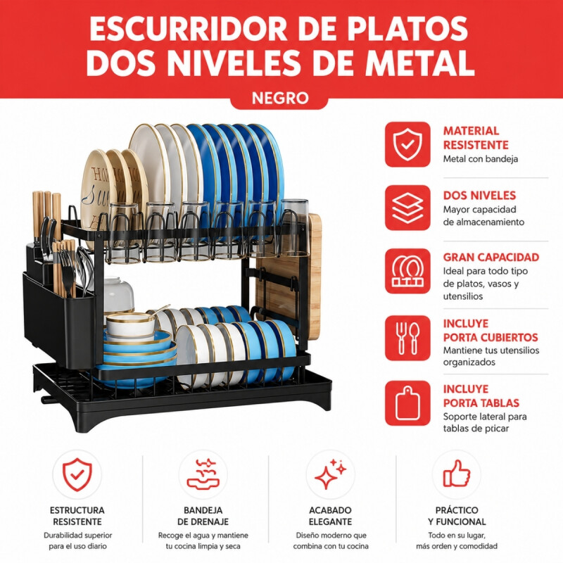 Escurridor de platos dos niveles de metal NEGRO