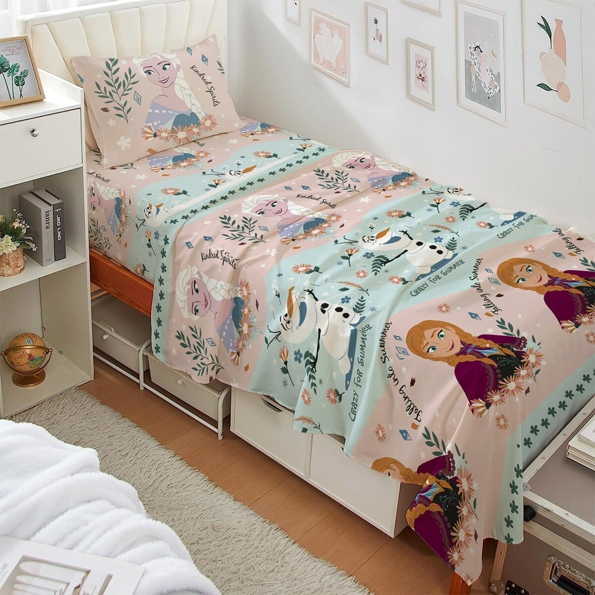 Juego Sábanas Infantil Frozen 1 Plaza 100% Microfibra - ROSA/CELESTE 