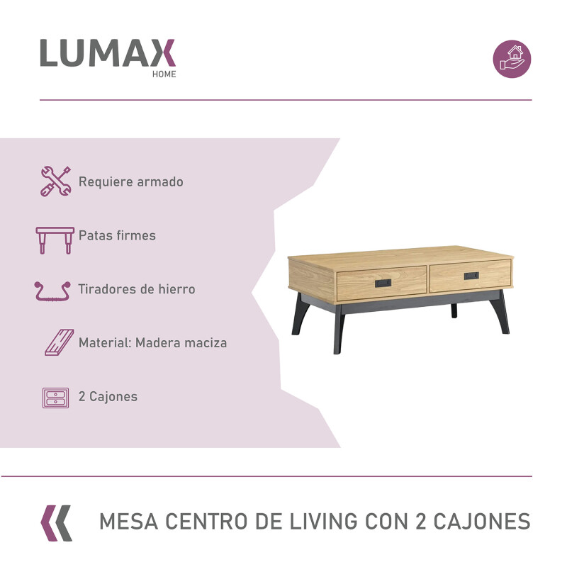 Mesa Ratona de Centro Living Lumax 2 Cajones 100% Madera Maciza Mesa Ratona de Centro Living Lumax 2 Cajones 100% Madera Maciza