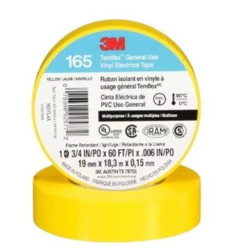 CINTA AISLADORA DE PVC 3M TEMFLEX 165 AMARILLO 19MM X 18 M CINTA AISLADORA DE PVC 3M TEMFLEX 165 AMARILLO 19MM X 18 M