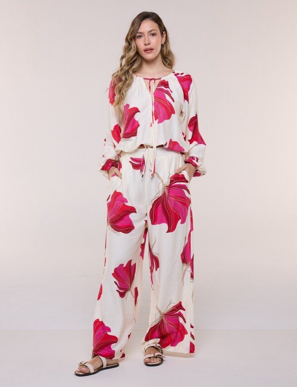 Conjunto Estampado De Blusa Y Pantalón Palazzo MULTI/FUCSIA