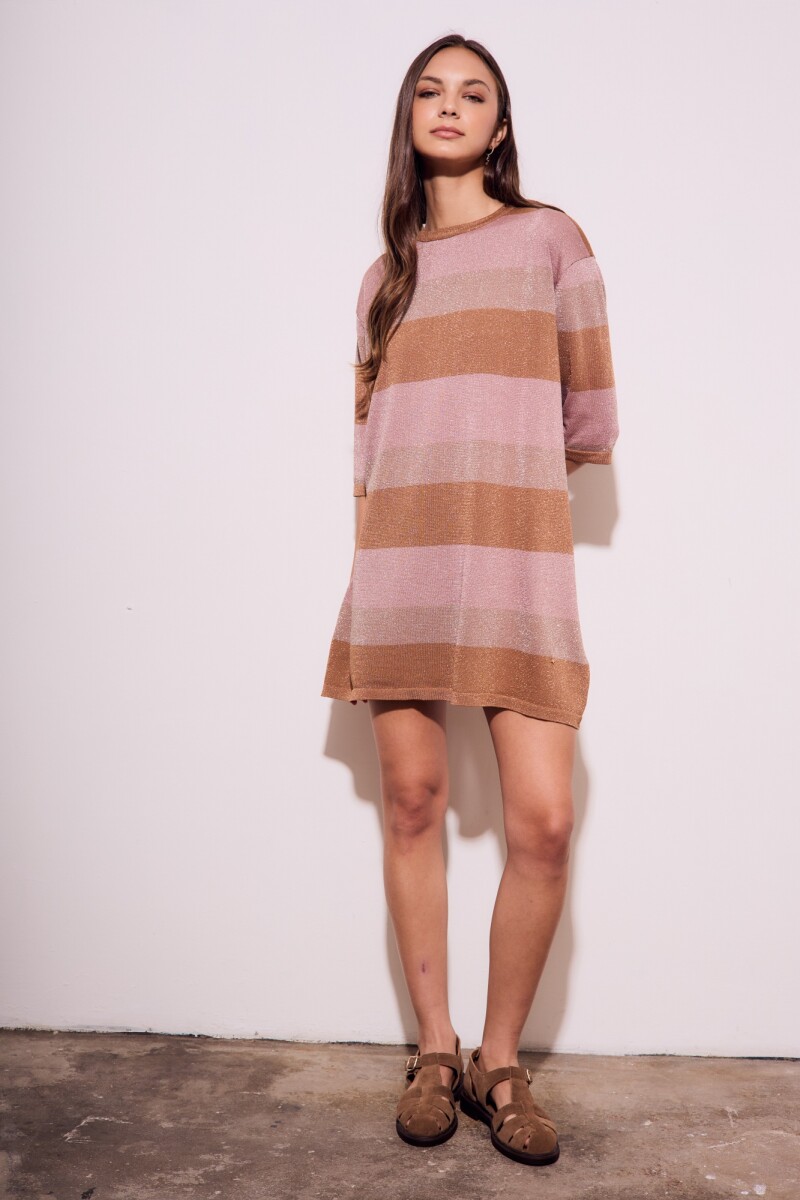 Vestido Tejido Rayado Lurex Rosa