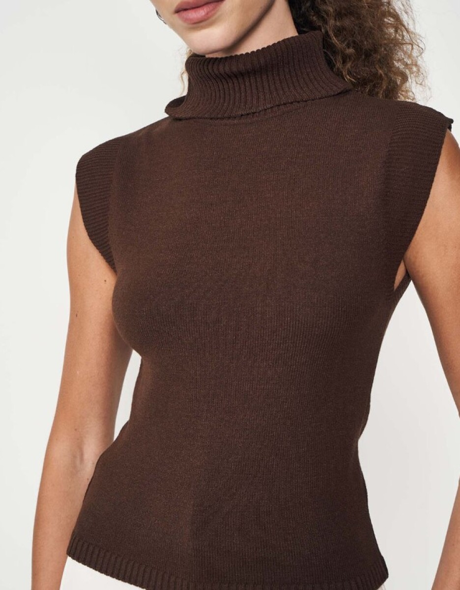 Sweter manga corta con cuello alto - Marrón 