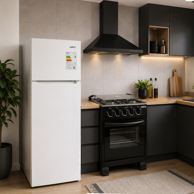 COMBO PETRA HELADERA BLANCA CON COCINA Y CAMPANA EXTRACTORA NEGRA Combo Petra Heladera Blanca Con Cocina Y Campana Extractora Negra