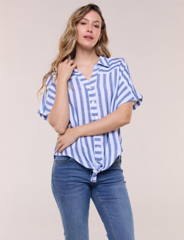 Camisa Con Nudo Frontal Y Manga Corta MULTI/AZUL
