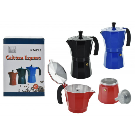 CAFETERA ITALIANA 9TZAS ALUMINIO COLOR ROJO/AZUL/NEGRO 15X23CM CAJA 17666 —  El Clon