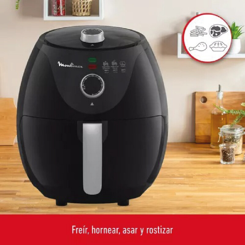 Freidora De Aire Moulinex, Capacidad de 3,2 Lts. Temperatura hasta 200º. Timer de 60 min, color negro Freidora De Aire Moulinex, Capacidad de 3,2 Lts. Temperatura hasta 200º. Timer de 60 min, color negro