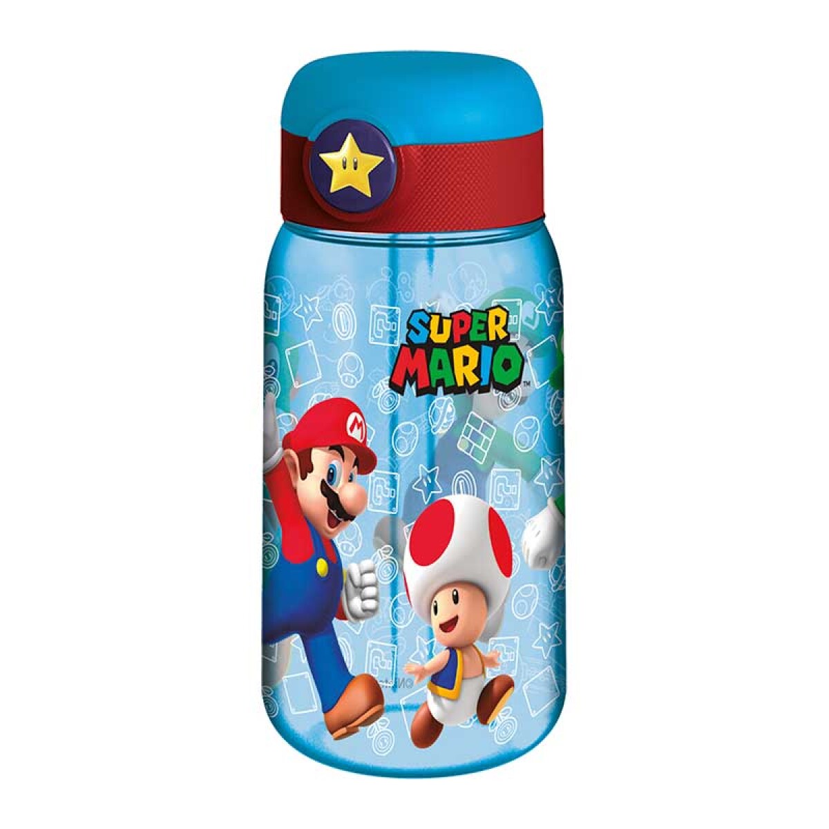 Botella Plástica Mario Bros con Pajita y Botón de Apertura 510 ml 