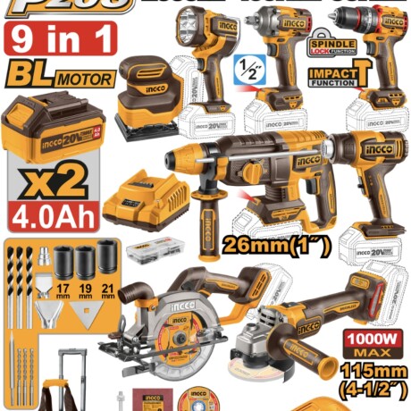 KIT COMBO INDUSTRIAL 9 HERRAMIENTAS A BATERIA P20S 20V BRUSHLESS + 2BAT, CARG, ACCESORIOS Y VALIJA INGCO COSLI250381 KIT COMBO INDUSTRIAL 9 HERRAMIENTAS A BATERIA P20S 20V BRUSHLESS + 2BAT, CARG, ACCESORIOS Y VALIJA INGCO COSLI250381