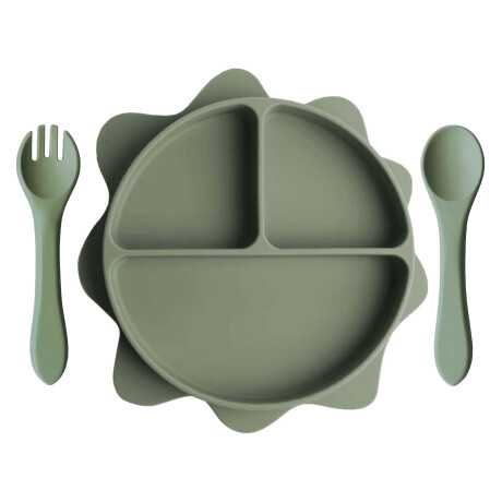 Set Comida Bebé Plato Sol con Divisiones + Cuchara y Tenedor Verde