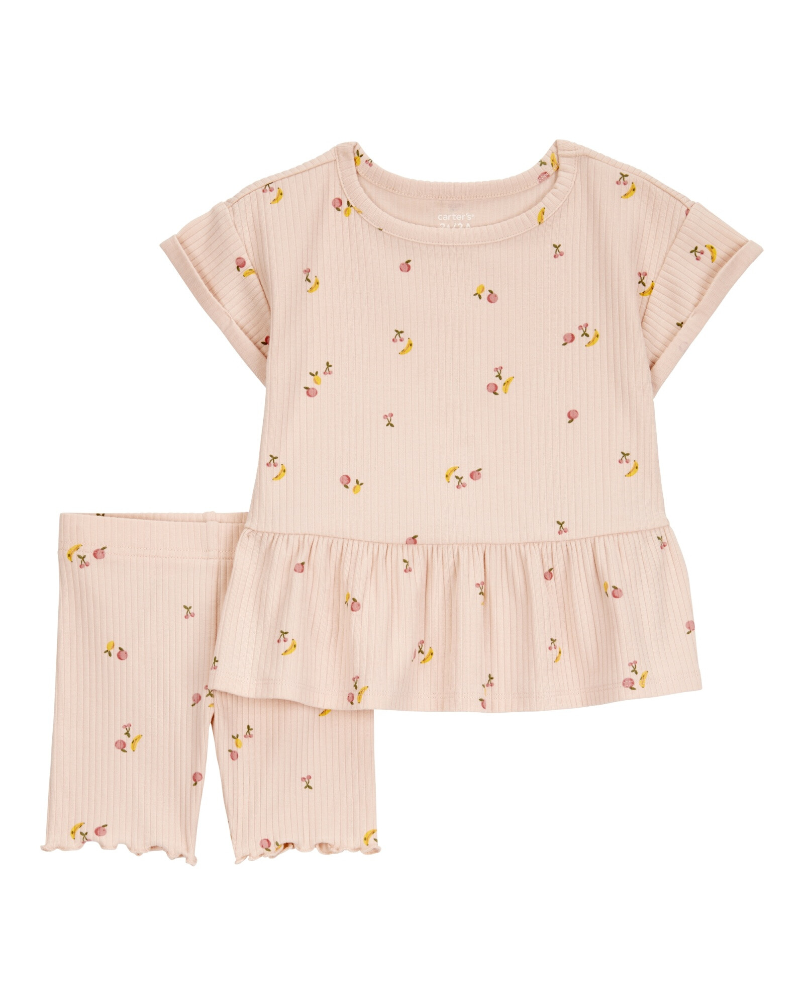 Set dos piezas de algodón acanalado, short y blusa, diseño frutas Sin color