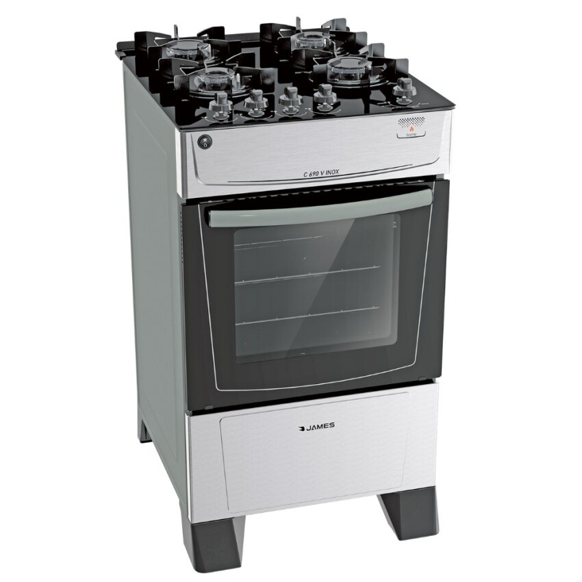 Cocina James 4H C-690 V inox. con mesada de vidrio negro Cocina James 4H C-690 V inox. con mesada de vidrio negro
