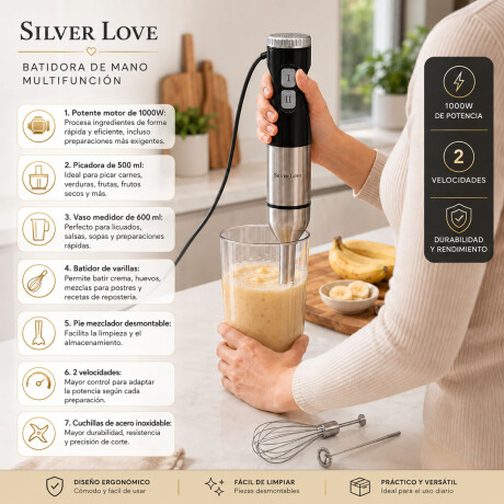 Mixer Procesadora Silver Love 8 En 1 Licuadora 1000w Negro